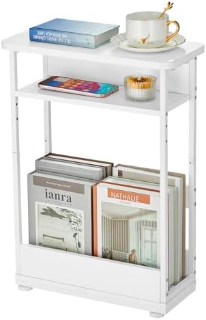 Narrow Side Table,3-Tier Slim End Table with Storage Shelf,Modern Sofa Table Thin Side Table for Narrow and Small Spaces, Skinny Bedside Table Small Nightstand with Magazine Rack Space Saving/White by YEAKOO