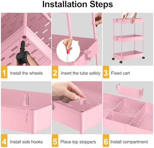 SPACELEAD 3 Tier Rolling Cart with Wheels, Storage Craft Art Trolley Organizer Serving, 3 Hanging Baskets Easy Assembly, for Office, Living Room, Kitchen, Pink - Image 2