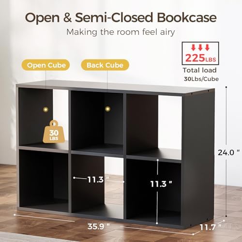 COMHOMA 6 Wood Cube Storage Organizer with Open Back and Removable Back Panels, 11In Black Cube Storage Bookshelf, Cubicle Shelf Bookcase for Home Office Bedroom Living Room, Vertical or Horizontal - Image 3