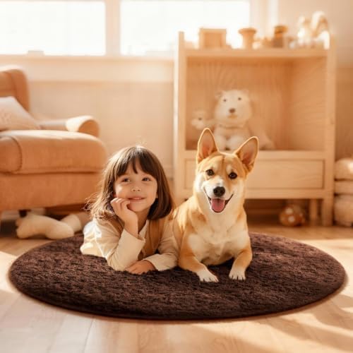 Ophanie Round Rug 4Ft Brown Circle Area Rug, Fluffy Fuzzy Small Bedroom Carpet, Plush Soft Shaggy Floor Living Room Circular Decor for Kids Boys Girls Home Aesthetic, Nursery with 99 pcs Pile fibers - Image 3