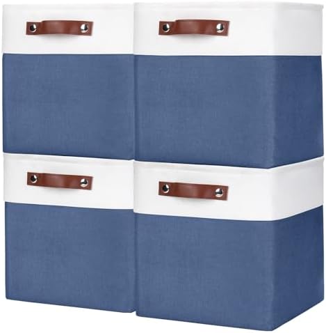 Bagnizer Collapsible Fabric Storage Cubes 11x11 Cube Storage Bins, 4 Pack Closet Baskets Box with Handles for Organizing, Shelf, Toys, Clothes, Home, Office, Nursery (Navyblue&White) by Bagnizer