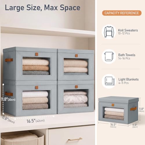 DIMJ Storage Bins with Lids - 5 Pack Front Opening Stackable Fabric Storage Boxes with Clear Window & Handles, Collapsible Closet Organizers for Clothes, Sweaters, Shelf Storage, Bedroom, Gray - Image 6