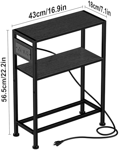 Small Narrow Side Table with Charging Station, Skinny End Table for Small Spaces, Slim Nightstand with Outlets, Sofa Bedside Table in Living Room, Bedroom, Study, Kitchen and Balcony(Black) - Image 3