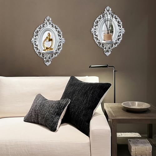 2 Set Vintage Candle Wall Sconce for Home Decor Living Room Bedroom Office Wood Antique Mirrored Victorian Mounted Candlestick Wall Holder Relief Hanging Decor -Silver 11.8in - Image 7
