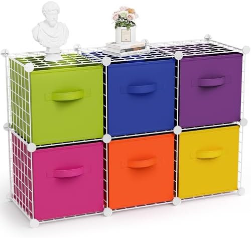 Leinuosen 6 Cube Storage Organizer with 6 Foldable Fabric Storage Bins, Metal Wire Grid Shelves, Stackable Modular Closet Organizer for Bedroom Living Room Office Toys Books(White,Colorful) by Leinuosen