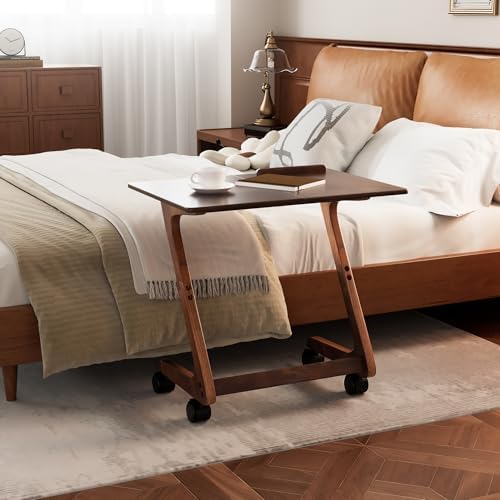 FLYJOE Solid Rubberwood TV Tray Table with Casters, Z-Shaped, Dark Walnut - Image 2