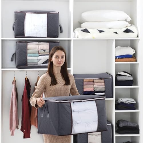 Lifewit 3 Pack 90L Clothes Storage Bins with Lids, Foldable Blanket Storage Bags with Zippers, Clear Window and Reinforced Handles, Closet and Organization for Clothing, Sweater, Comforter, Bedding - Image 5