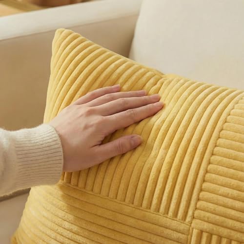 Fancy Homi 2 Packs Yellow Decorative Throw Pillow Covers 16x16 Inch for Living Room Couch Bed, Rustic Farmhouse Boho Home Decor, Soft Corss Patchwork Corduroy Textured Square Cushion Case 40x40 cm - Image 3