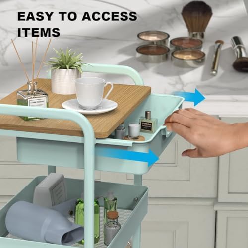 3 Tier Rolling Cart, Utility Cart with Drawer& Table Top, Mint Green - Image 2