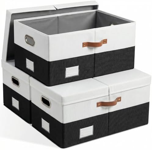 PRANDOM Storage Bins with Lids [3-Pack] Linen Fabric Foldable Storage Boxes Organizer Containers Baskets Cube with Cover for Bedroom Closet Office Grey&Black (23.4X15.9X11.4) by Prandom