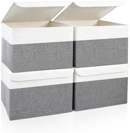 Bagnizer Large 22 Quart Linen Fabric Foldable Storage Bin Cube Organizer Basket with Flip-Top Lid & Handles, Clothes Blanket Box for Home, Office, Closet, Gray & White, 4 Pack 14.6 x 9.5 x 9.5” by Bagnizer