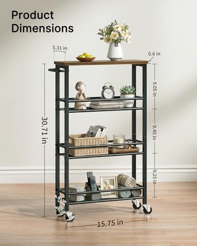 Pipishell Slim Storage Cart with Wheels - 4 Tier Rolling Kitchen Storage Cart with Handle and Wood Top, Metal Slim Bathroom Cart for Laundry Room, Bathroom, Kitchen, Narrow Space, Black & Rustic Brown - Image 6