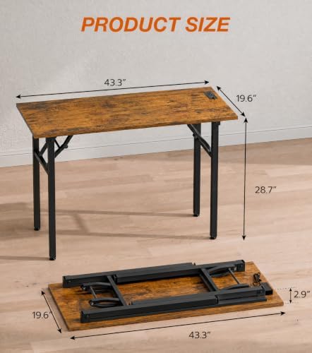 XBurmo Small Folding Desk Folding Table, No Assembly Foldable Desk Gaming Desk, 43.3-Inch Computer Table Workstation with 2 AC Outlets and 2 USB Ports for Bedroom and Home Office, Rustic Brown - Image 2