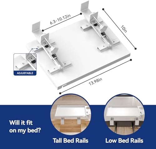 Metal Bedside Shelf Table Tray with Cup Holder, Foldable Bed Side Table for Bunk Bed & Top Bunk, College Dorm Room Essentials for Guys & Girls, Clip-on Laptop Nightstand for IKEA Beds, White - Image 2