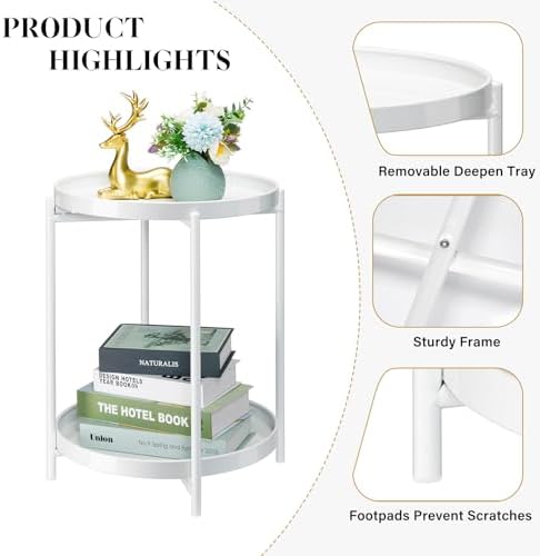 Danpinera 2 Tier Metal Side Table with Removable Tray - Round Accent Table, Anti-Rust White Nightstand for Bedroom, Balcony, Patio - Image 5