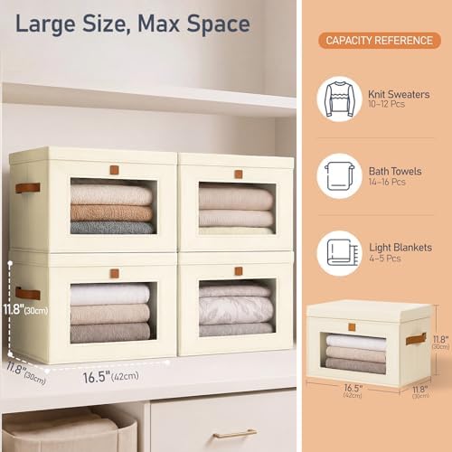 DIMJ Storage Bins with Lids - 6 Pack Front Opening Stackable Fabric Storage Boxes with Clear Window & Handles, Collapsible Closet Organizers for Clothes, Sweaters, Shelf Storage, Bedroom, Beige - Image 6