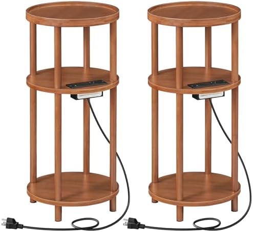 HOOBRO Set of 2 Small Round Side Tables with Charging Station, 3-Tier Round Bamboo End Tables, Easy Assembly, for Living Room, Bedroom, Apartment, Walnut WL152UBZP201 by HOOBRO