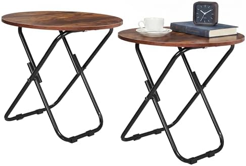 VECELO 17.7" Small Folding Table Set of 2,Round Patio Outdoor Side Table, Foldable Wooden Table with Weather Resistant Steel Frame, Patio Table for Camping Picnic Garden Small Space by VECELO