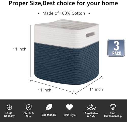 OIAHOMY Storage Cubes 11 Inch Storage Bins 3-Pack Square Baskets Blue - Image 3