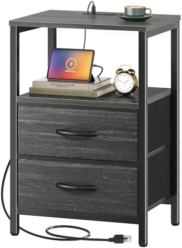 Huuger Nightstand with Charging Station, Side Table with Fabric Drawers by Huuger