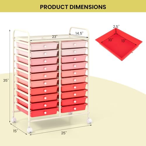 Giantex 20 Drawers Rolling Cart, Mobile Storage Drawer Cart, Classroom Organizer Cart for Office School Supplies Teacher Tools Paper Craft Small Printer, Utility Cart on Wheels, Gradient Pink - Image 3