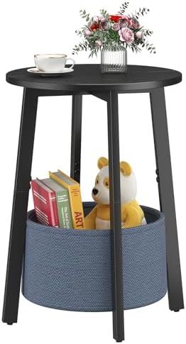 sthmec Small Round Side End Table with Cloth Storage Basket, Round Bedside Sofa Couch Coffee Tables for Small Places with Metal Frame, Modern Nighstands for Living Room Bedroom, Black by Unknown