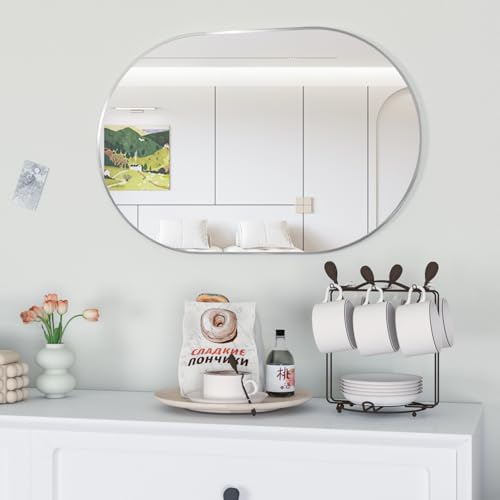 Oval Bathroom Mirror Wall Vanity Oval Mirrors, 20"x30" Silver Bathroom Mirrors for Over Sink Pill Mirrors Capsule Wall Mounted Mirror, Modern Mirror with Metal Frame for Wall Decor - Image 5
