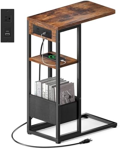 C Shaped End Table with Charging Station,3-Layer Sofa C Table Side Table, Slide Under Sofa Desk Snack Tables with Storage Bag w/AC U-S-B Port & Socket,Small Spaces Drink Tables for Living Room by designyourhome