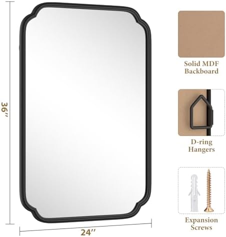 Ferytange Black Bathroom Vanity Mirrors for Over Sink 24" x 36" Modern Rounded Corner Rectangle Mirror with Non-Rusting Iron Metal Framed Wall Mounted Decorative Mirror (Horizontal/Vertical) - Image 5