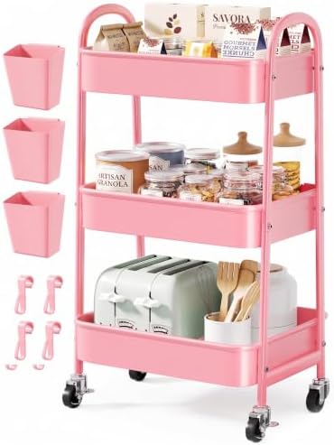 3 Tier Rolling Storage Cart Metal with Wheels, Pink Three Tiered Craft Cart by Unknown