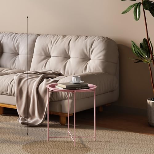 End Table Set of 2,Pink Outdoor Side Table, Small Patio Round Folding Metal Side Tables for Outdoor,Living Room,Bedroom Balcony and Office, 2 PCS - Image 5