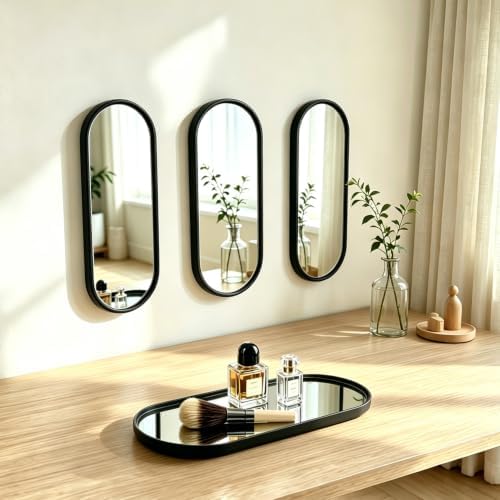 3 pcs Wall Mirrors and Tray Décor Set, Cute Vanity Mirrors with Black Frame, Bathroom Decor for Bedroom, Entryway, Living Room Farmhouse Decor (12”x4,7”) - Image 5
