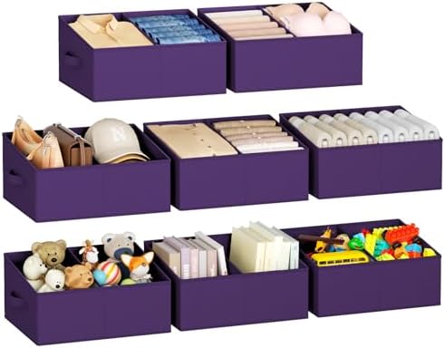DIMJ Large Closet Shelf Organizer Bins 8 Packs with Handles and Divider, Fabric Trapezoid Storage Baskets, Foldable Clothes Containers Box for Shelf, Towel, Book, Toy, Purse, Hats, Purple by DiMJ