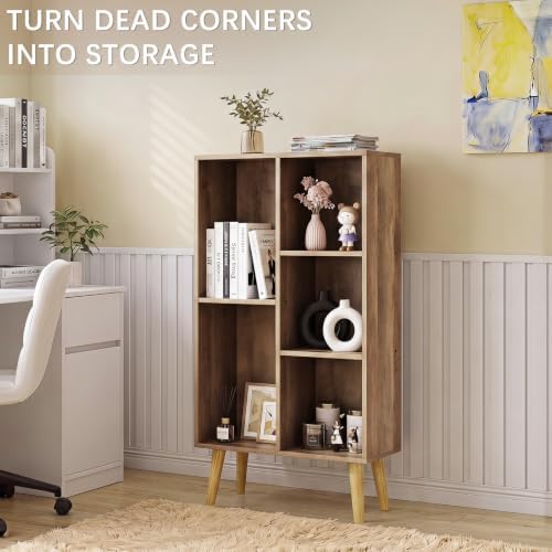 YAHARBO Small Yellow Narrow Bookshelf,4 Tier Modern Bookcase with Legs,Bookshelves Wood Storage Shelf,Rustic Book Shelves Cube Organizer,Display Bookcase - Image 4