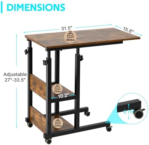 Hadulcet C Shaped Side Table Adjustable, Height Adjustable C Table with Wheels and Storage Shelves for Couch Bed Recliner Rustic Brown - Image 3