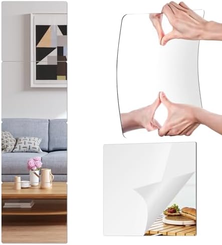 14x12 Inch Wall Mirror 4 Pack, Acrylic Self Adhesive Mirrors for Wall, Safety Stick-On Full Length Mirror Tiles by PopularLdo