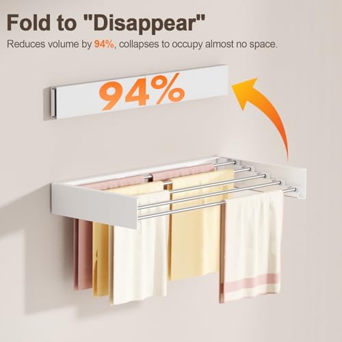 Wall Mounted Clothes Drying Rack Folding Indoor, Foldable Laundry Drying Rack Collapsible, Space Saving, Retractable Towel Drying Rack, with Wall Template(5 Drying Rods, White 23.6") - Image 5