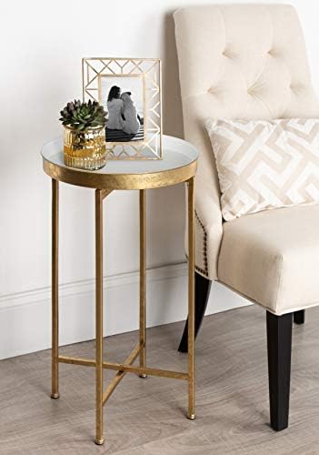 Kate and Laurel Celia Round Metal Foldable Tray Accent Table, White with Gold Base - Image 2