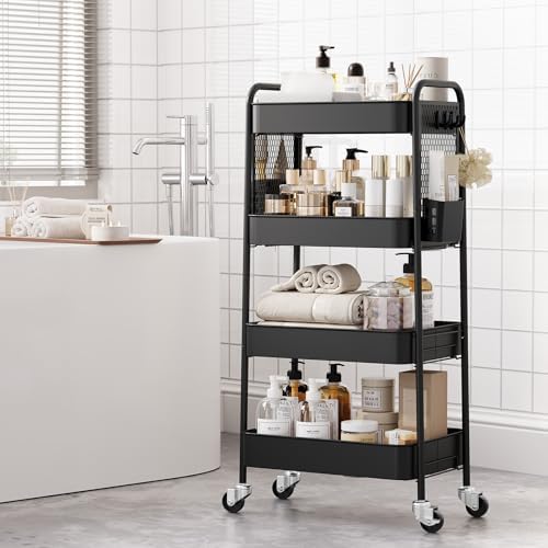 TOOLF 4 Tier Rolling Cart, Metal Utility Storage Cart with Pegboard, Black | 2 Bins & 4 Hooks, Screwless Assembly, Lockable Wheels, Trolley Organizer for Bathroom, Kitchen, Office, Dorm, Craft Room - Image 4