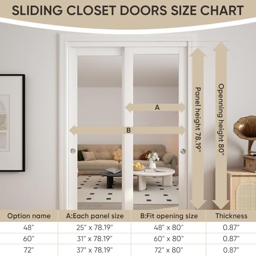 JUBEST 72" x 80" Mirror Closet Door, Preassembled One Side Mirror Door with Hardware Kit & Matching Fascia, Solid Wood Frame with Water-Proof PVC Surface, Easy to Install, White - Image 4