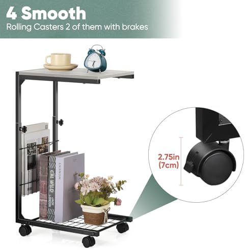 C Shaped End Table Small Couch Side Table with Metal Frame Slide Under Couch Table for Sofa Adjustable Height C Table for Living Room Bedroom Small Spaces, Grey - Image 5