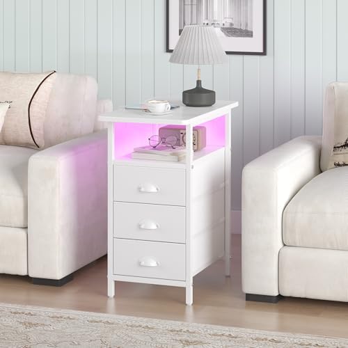 sthmec End Table with Charging Station,LED Side Tables with USB Ports and Outlets,Narrow Nightstands Bedside Tables with 3 Drawers PU Finish for Small Space,Slim Sofa Table for Livingroom,White - Image 2