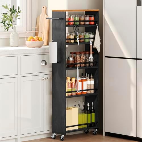 YATINEY 6 Tier Slim Storage Cart, Narrow Kitchen Cart with Wheels, Rolling Utility Cart with Handle and 6 Hooks, Space Saving Organizer for Kitchen, Bathroom, Laundry Room, Rustic Brown BC11BR by Yatiney