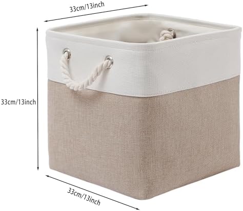 MidmmVick 13 x 13 Inch Cube Storage Bins, 4 Pack Large Collapsible Fabric Storage Bin with Ropes, Foldable Storage Cubes for Home, Office,Closet, Clothes, Toys Organizer (White & Beige) - Image 4