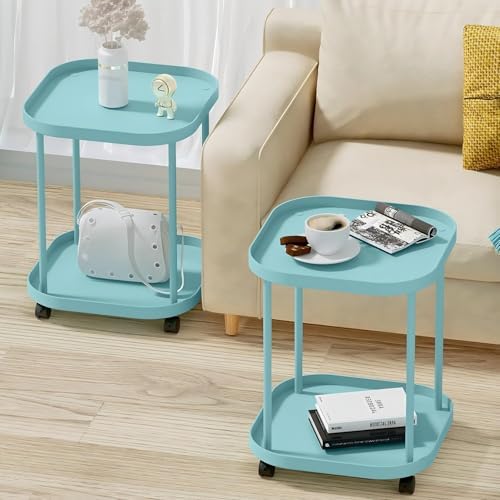 Side Table with Wheels, 2-Tier End Table Small Night Stand - Image 2