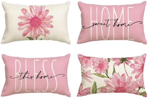 AVOIN colorlife Home Sweet Home Spring Summer Flowers Pink Throw Pillow Covers, 12 x 20 Inch Cushion Case for Sofa Couch Set of 4 by AVOINcolorlife
