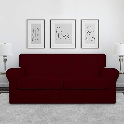 Easy-Going Oversized 3 Pieces Stretch Fleece Soft Loveseat Couch Cover for Pets - Washable Sofa Slipcover for 2 Separate Cushion Couch - Elastic Furniture Protector for Dogs, Kids Wine - Image 2