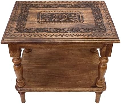 COTTON CRAFT Solid Wood End Table - Hand Carved Brown Side Table with Shelf by COTTONCRAFT