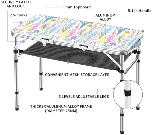 Yriuat Folding Camping Table 3ft Portable Picnic Table, Blooming Floral - Image 4