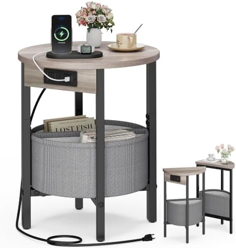 VAGUSICC Round Side Table with Charging Station, Small Round Accent End Table with Fabric Basket, Set of 2 Half Moon Tables Coffee Table, Bedside Table, Modern Nightstand for Living Room Bedroom, Grey by Vagusicc